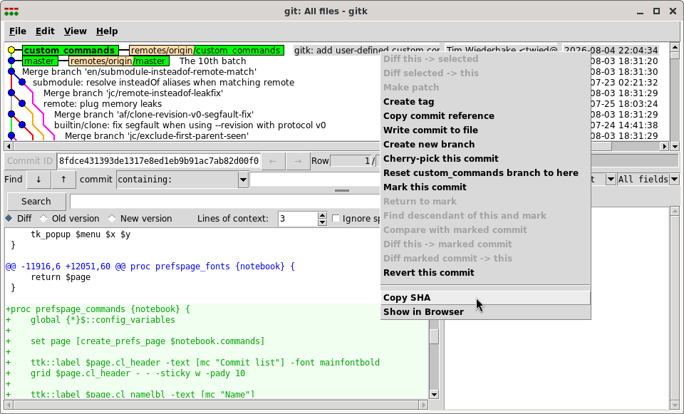 Custom commands in the commit list context
menu