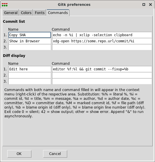 The new Commands tab in gitk's
preferences